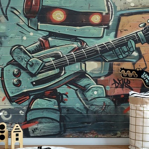 Carta da parati per bambini "Graffimals - Robot" - murale con un robot che suona la chitarra | Fatto su misura | Decorazione della cameretta del bambino
