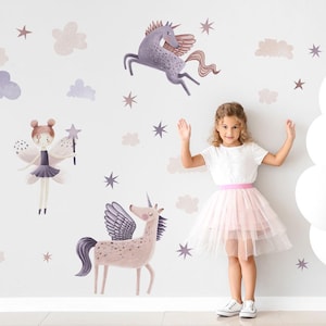 Adesivi murali Pegaso e Fata | Decorazione pastello per la cameretta di una bambina | Adesivi murali da favola