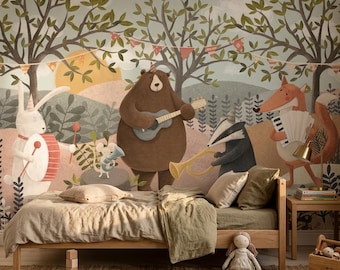May include: A wall mural featuring a forest scene with a rabbit playing a drum, a mouse with a horn, a bear playing a guitar, a badger with a trumpet, and a fox playing an accordion, all set against a backdrop of trees, hills, and bunting.