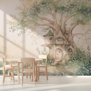 Papel de parede em forma de casa na árvore para crianças, mural suave de floresta verde para quarto infantil, arte de parede para sala de jogos neutra em termos de gênero, tamanho personalizado – Lefora