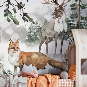 Carta da parati per bambini "Backwoods" - murale con animali della foresta | Fatto su misura | Autoadesivo o non tessuto | Decorazione della cameretta dei bambini