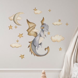 Dragon and Stars Wall Decals – Watercolor Nursery Sticker Set for Kids Room
