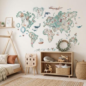 Carte du monde autocollante pour enfants avec animaux | Décoration murale éducative pour chambre d'enfant | Grande carte illustrée pour chambre d'enfant