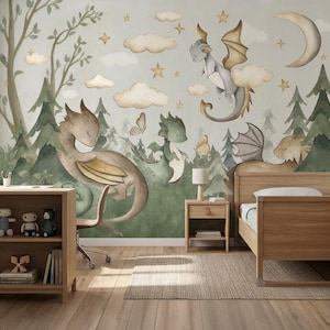 Puede incluir: Un mural de pared que presenta una escena de bosque fantástico con varios dragones, pinos, nubes, estrellas y una luna creciente. La ilustración utiliza tonos suaves de acuarela en verde, marrón y crema con dragones.