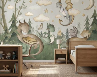 Dragon Dream Kids Wallpaper – Fantasy Forest Mural with Cute Baby Dragons and Moon | Nursery Wall Art | Custom Size