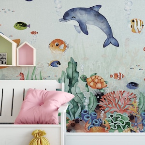 Carta da parati per bambini "Waterland" - murale con mondo sottomarino e animali marini | Autoadesivo o non tessuto | Decorazione della cameretta dei bambini