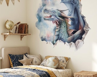 3D Dragon Wall Decal Watercolor Fantasy Illustration for Kids Room