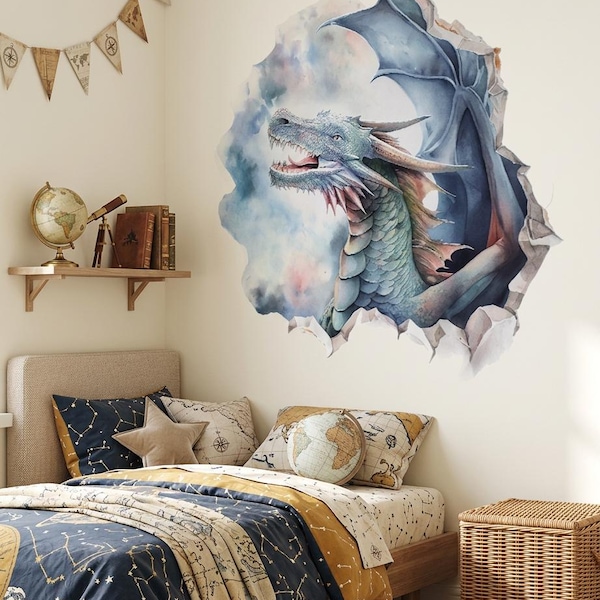 3D Dragon Wall Decal Watercolor Fantasy Illustration for Kids Room