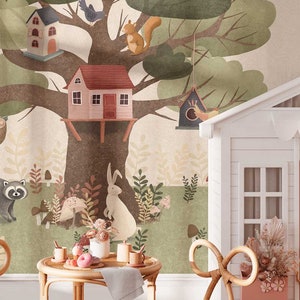 Trelly Kids Wallpaper – Tree and Animals Mural | Custom Size | Peel & Stick or Non-Woven | Nursery Wall Decor