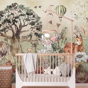 ROYAL GARDEN wallpaper for children with animals / Lion  Wall Mural / Tropical Nursery wallpaper