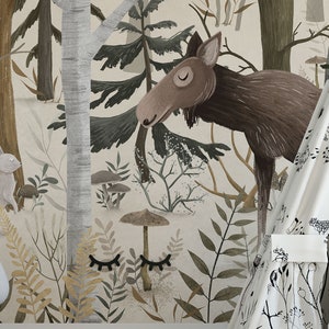 Papier peint pour enfants "Dans les bois" - peinture murale avec des animaux de la forêt | Sur mesure | Autocollant ou non tissé | Décoration de chambre d'enfant