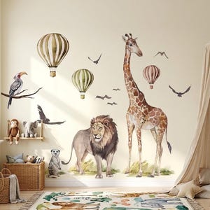 Savanna Wall Decals with Giraffe and Lion, Watercolor Safari Animals for Kids Room Decor