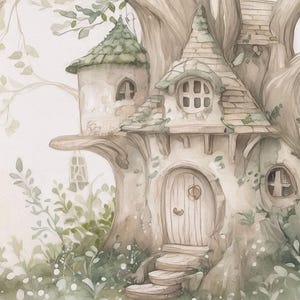 May include: A watercolor illustration of a treehouse dwelling featuring a central structure with a wooden door, stone-like walls, and a conical roof. The house is nestled within a large tree, surrounded by green foliage and small white flowers.