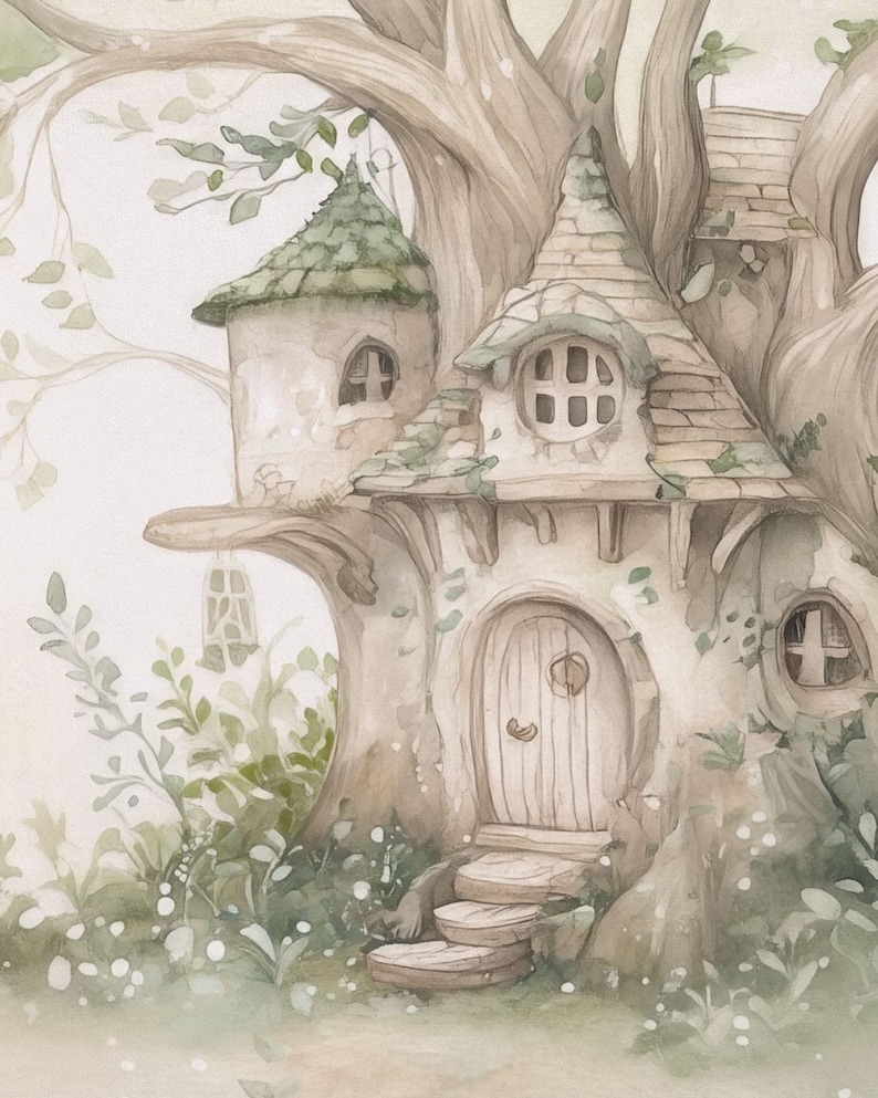 May include: A watercolor illustration of a treehouse dwelling featuring a central structure with a wooden door, stone-like walls, and a conical roof. The house is nestled within a large tree, surrounded by green foliage and small white flowers.