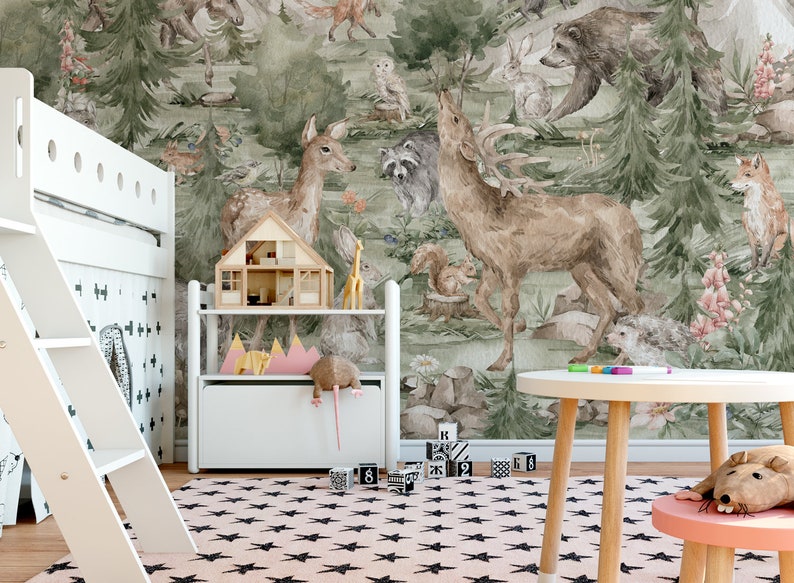 FOREST Watercolor Tree Forest Wallpaper / Woodland Nursery / Etsy