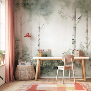 Papel pintado infantil &quot;Parque&quot; - mural con bosque de abedules y pájaros | Hecho a medida | Autoadhesivo o no tejido | Decoración de habitaciones infantiles