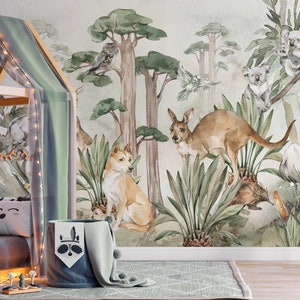 WOOP WOOP ROO wallpaper for children / Australia kangaroo / Tropical Watercolor animals Wallpaper