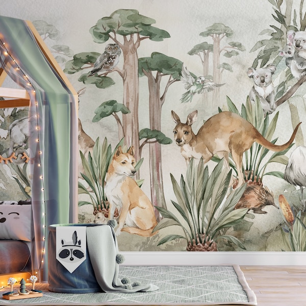 WOOP WOOP ROO wallpaper for children / Australia kangaroo / Tropical Watercolor animals Wallpaper