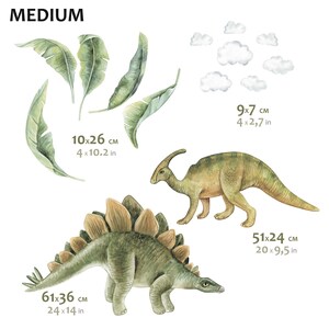 May include: Watercolor dinosaur wall decals featuring a Stegosaurus (24 x 14 in), a Parasaurolophus (20 x 9.5 in), green leaves (4 x 10.2 in), and white cloud shapes (4 x 2.7 in). The word "MEDIUM" is at the top.