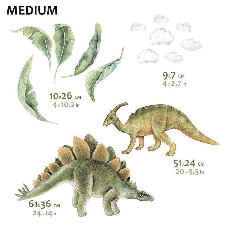 May include: Watercolor dinosaur wall decals featuring a Stegosaurus (24 x 14 in), a Parasaurolophus (20 x 9.5 in), green leaves (4 x 10.2 in), and white cloud shapes (4 x 2.7 in). The word "MEDIUM" is at the top.