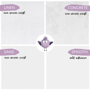 May include: A four-quadrant display showing material textures: Linen, Concrete, Sand, and Smooth. Each section is labeled with its type, such as non-woven vinyl or self-adhesive. A small, round, purple, spiky cartoon character is centered in the middle.