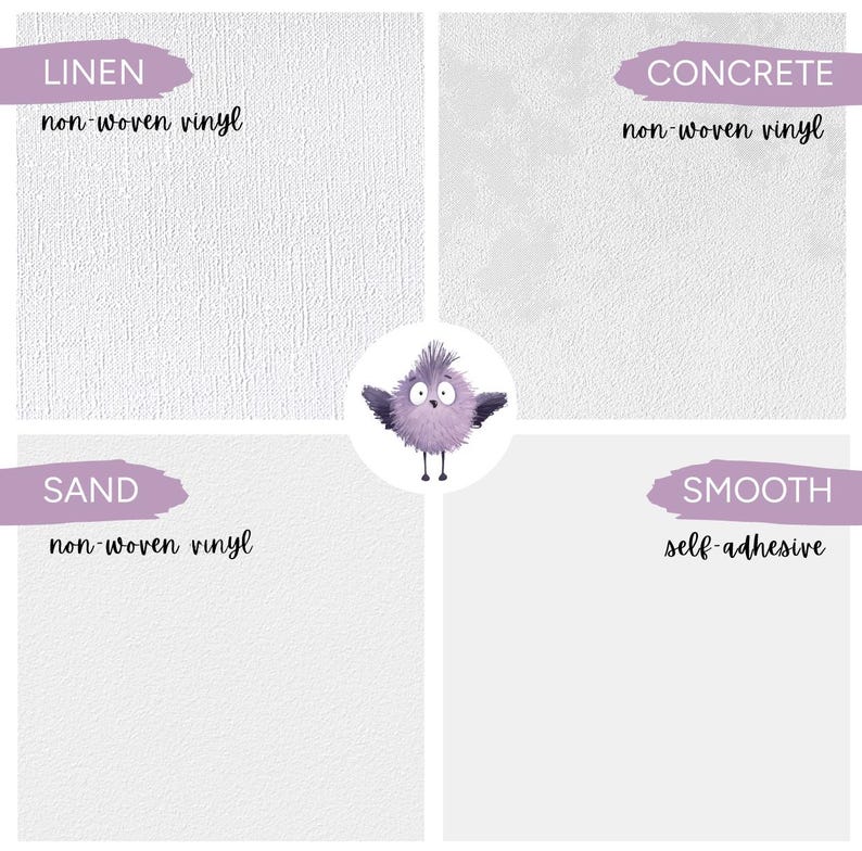 May include: A four-quadrant display showing material textures: Linen, Concrete, Sand, and Smooth. Each section is labeled with its type, such as non-woven vinyl or self-adhesive. A small, round, purple, spiky cartoon character is centered in the middle.