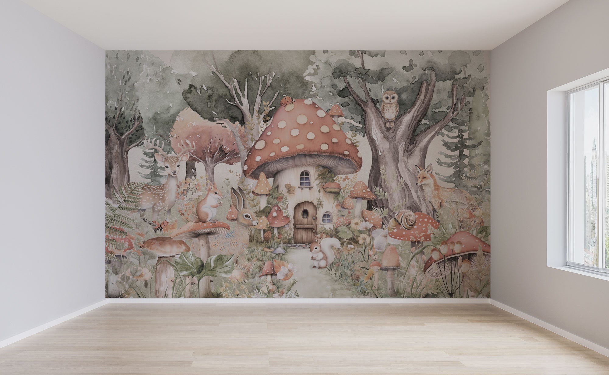 Mushroom Kids Wallpaper – Forest Cottage Mural With Woodland Animals ...