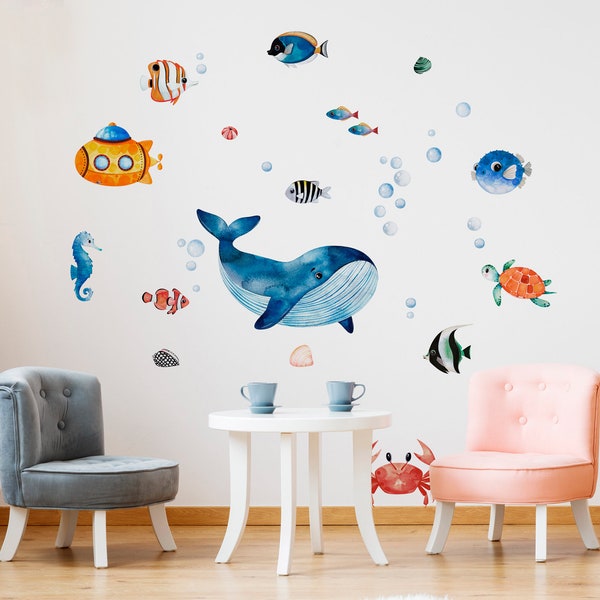 WATERLAND WHALE Ocean Wall Decal / Under the Sea / Watercolor Decal Set