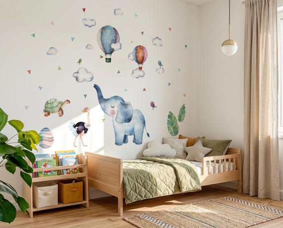 Elephant Safari Wall Decals for Kids Room, Watercolor Animal Stickers with Balloons, Nursery Wall Decor Set