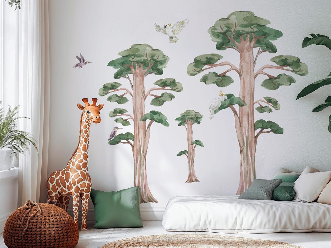 Safari Trees Wall Decals for Kids Room, Jungle Nursery Animal Wall ...