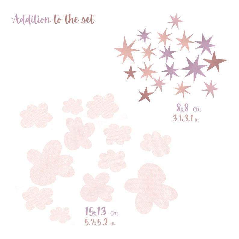 May include: A set of watercolor-style star and cloud decals in shades of pink, peach, and purple. The star decals measure 3.1 x 3.1 inches, and the cloud decals measure 5.9 x 5.2 inches. Text reads "Addition to the set."