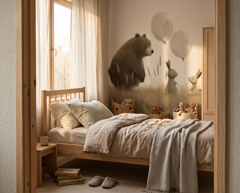 May include: A wooden bed frame with light-coloured linen bedding, a matching nightstand, and a wall mural featuring a bear and rabbits with balloons. The room includes a stack of books, a pair of slippers, and woven baskets containing plush toys.