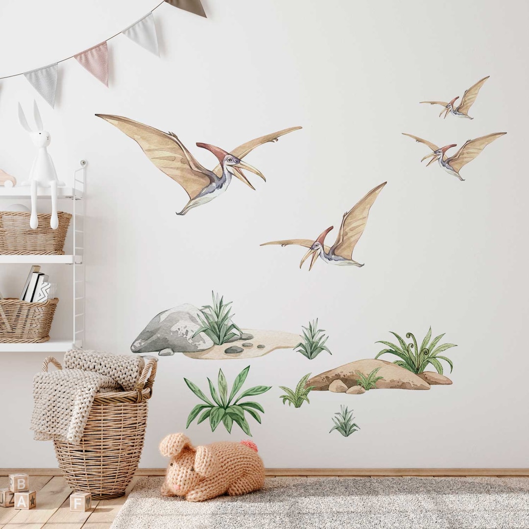 Pterodactyl Wall Decals for Kids Watercolor Flying Dinosaurs Nursery ...