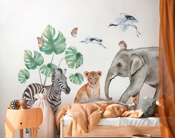 Safari Wall Decals – Watercolor Savanna Animals: Elephant, Lion, Zebra, Giraffe – Kids Room Decor