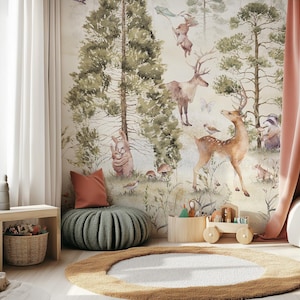 Carta da parati per bambini "Miłolas" - murale della foresta con un cervo e un coniglio | Fatto su misura | Autoadesivo o non tessuto | Decorazione della cameretta dei bambini