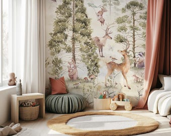Papel pintado infantil &quot;Miłolas&quot; - mural de bosque con un ciervo y un conejito | Hecho a medida | Autoadhesivo o no tejido | Decoración de habitaciones infantiles