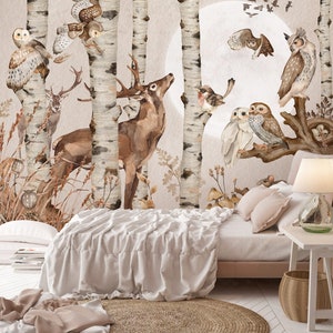 LUNA SONATA / Forest Wallpaper, Woodland Animals Wall Mural, Tree Moon Nursery Wall Art image 3