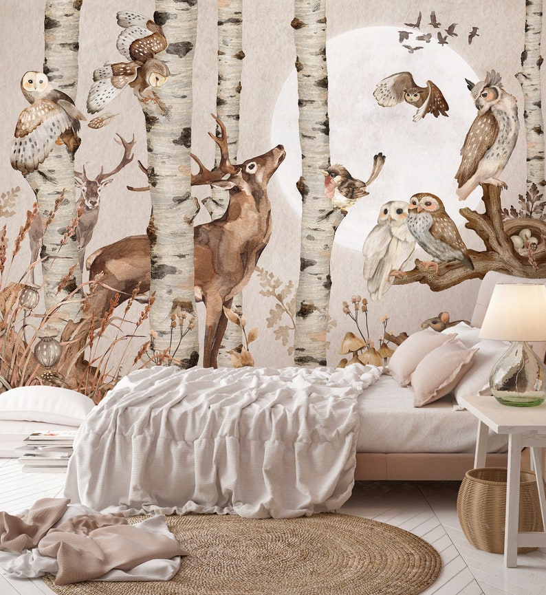 LUNA SONATA / Forest Wallpaper, Woodland Animals Wall Mural, Tree Moon Nursery Wall Art image 3