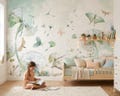 Dandelove Kids Wallpaper Mural Watercolor Dandelions Green Mint or Pink Wall Art