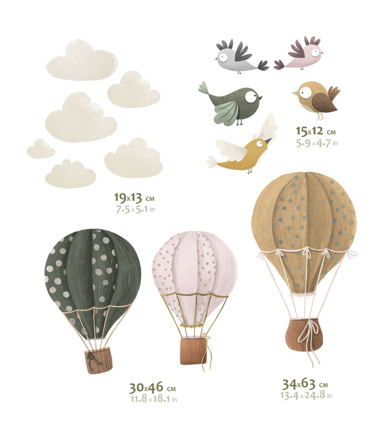 BALLOO BALLOO Nursery Decal Bird / Watercolor Stickers Birds / Hot air balloon wall decal Original