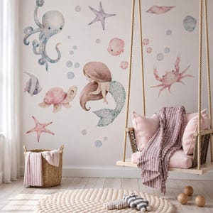 Meerjungfrauen-Wandtattoos mit Oktopus, Schildkröte und Krabbe, pastellfarbene Aquarell-Ozeanaufkleber für Kinderzimmer und Mädchenzimmer – MEERJUNGFRAUEN
