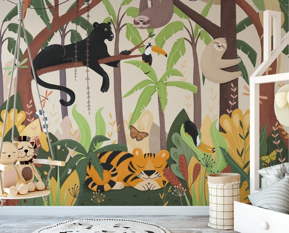 JINGLE JUNGLE Wallpaper for Children With Animals / the Jungle - Etsy Ireland JINGLE JUNGLE Wallpaper for Children With Animals / the Jungle - Etsy Ireland