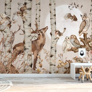 LUNA SONATA / Forest Wallpaper, Woodland Animals Wall Mural, Tree Moon Nursery Wall Art image 1