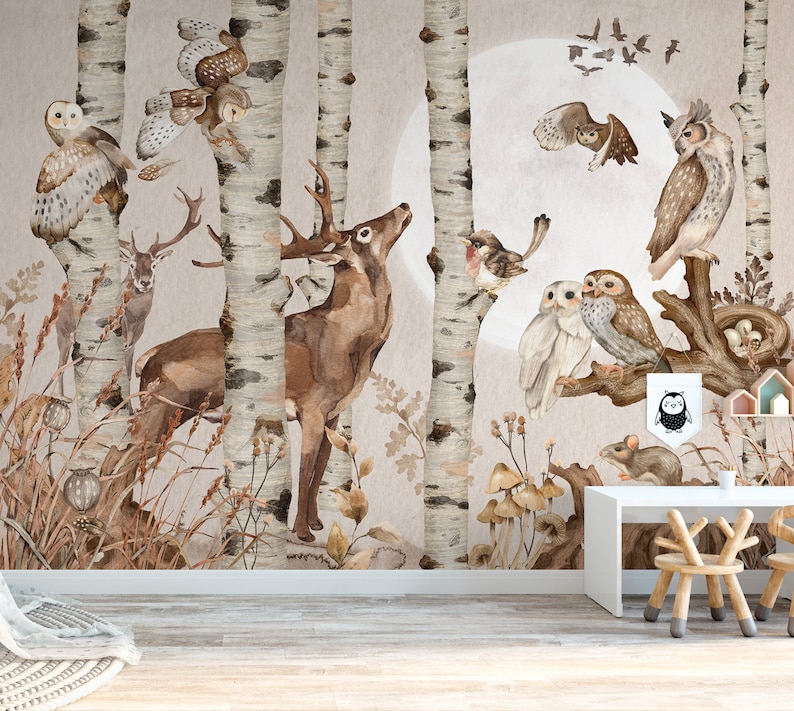 LUNA SONATA / Forest Wallpaper, Woodland Animals Wall Mural, Tree Moon Nursery Wall Art image 1