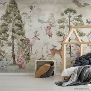 MIŁOLAS / Forest Kids Wallpaper, Woodland Animals Wall Mural, Deer Nursery Wall Art