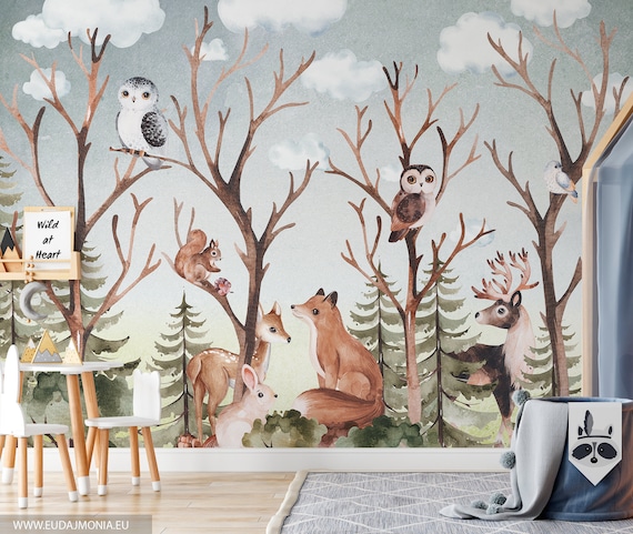 FOREST FAMILY Forest Animals Wallpaper / Tree / Soft Forest Wall Mural /  Watercolor Woodland - Etsy