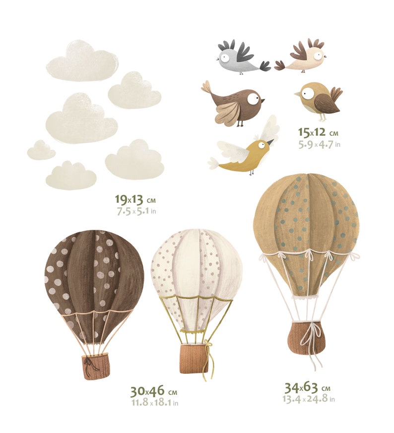 BALLOO BALLOO Nursery Decal Bird / Watercolor Stickers Birds / Hot air balloon wall decal Brown