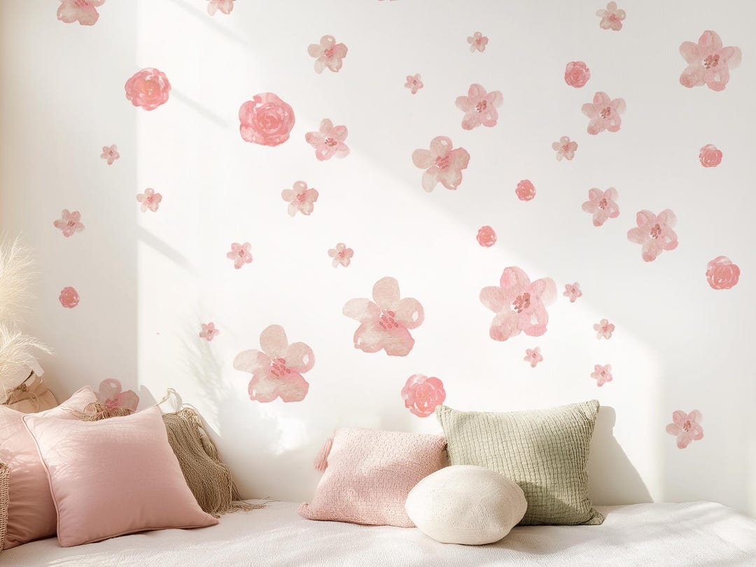 Pink Flower Wall Stickers Watercolor Floral Nursery Decor Girls Room ...
