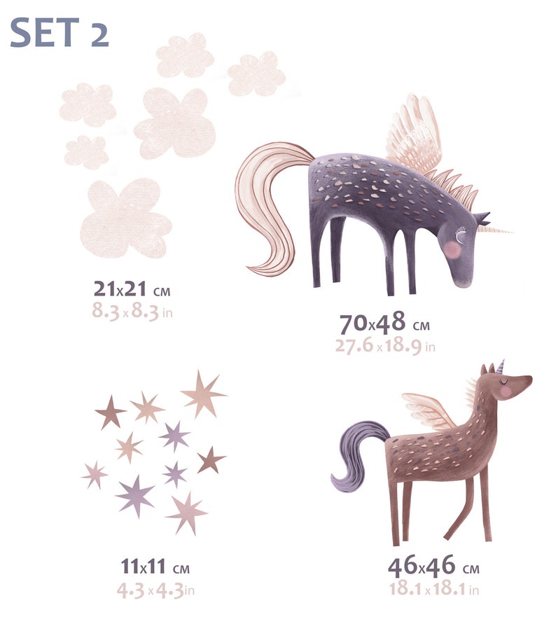 Pegasus Nursery Wall Decals Watercolor Fantasy Horses for Kids Room SET 2