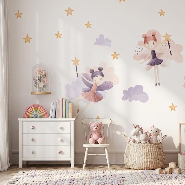 Pegatinas de pared de hadas pastel para habitación de niña, decoración mágica de acuarela con estrellas y nubes.